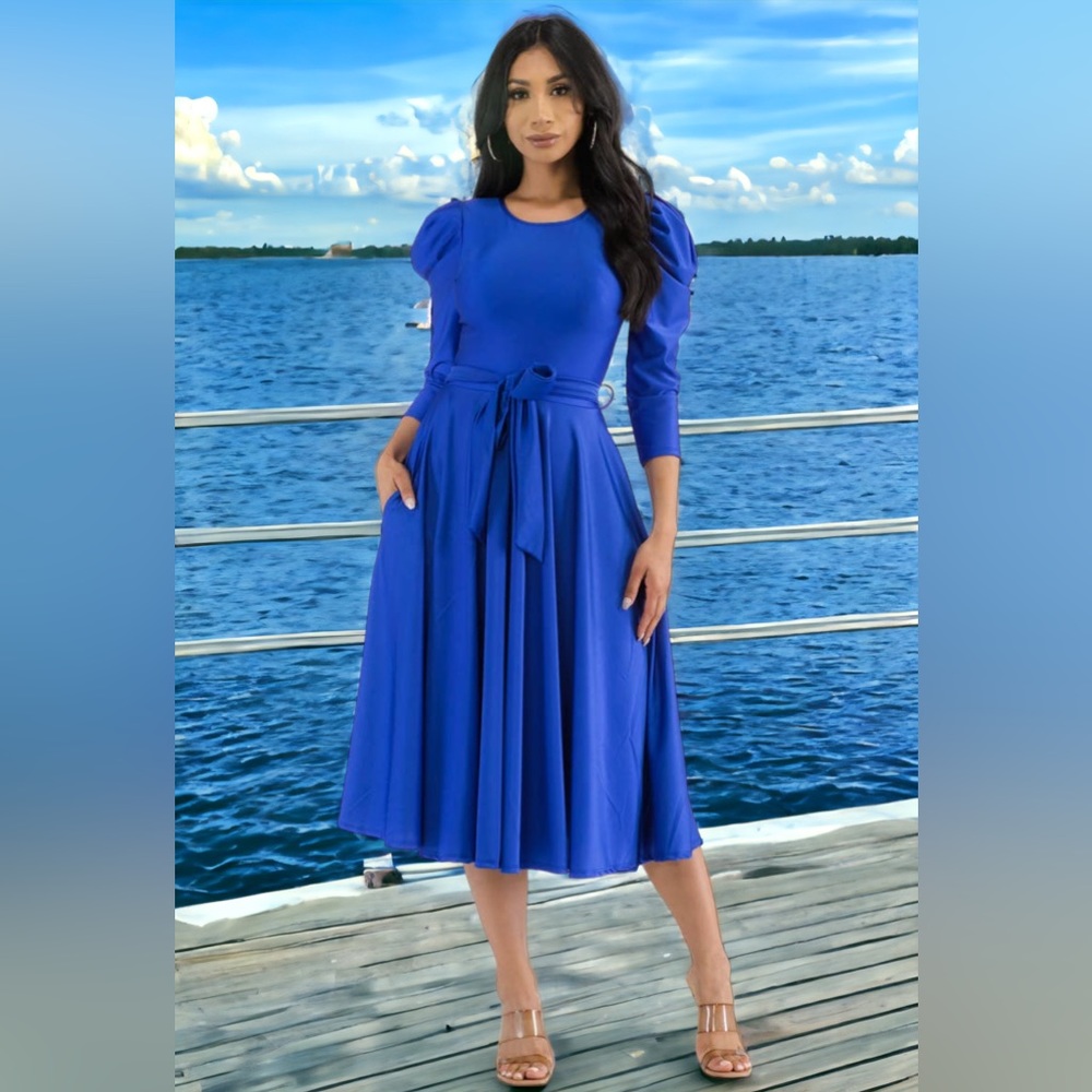 Puff Sleeve Cocktail Dress, Sizes 1X - 3X (Royal Blue)